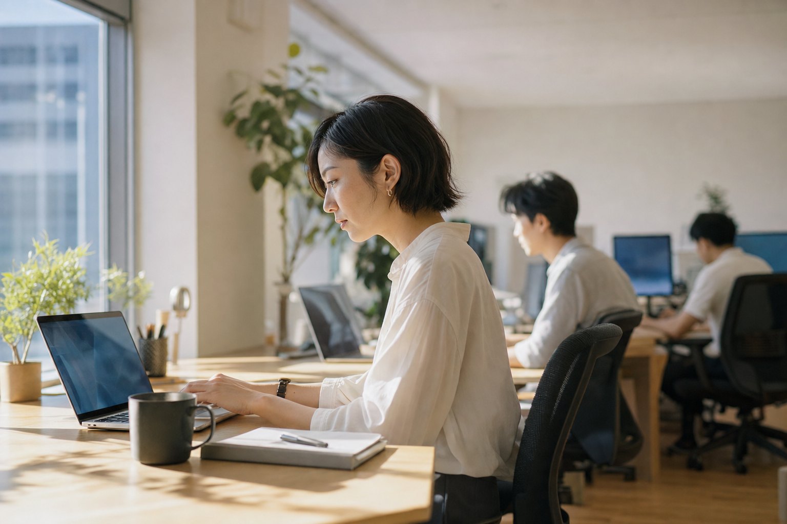 オフィスの窓際でノートPCに向かい、ひとりでスキルを書いている人