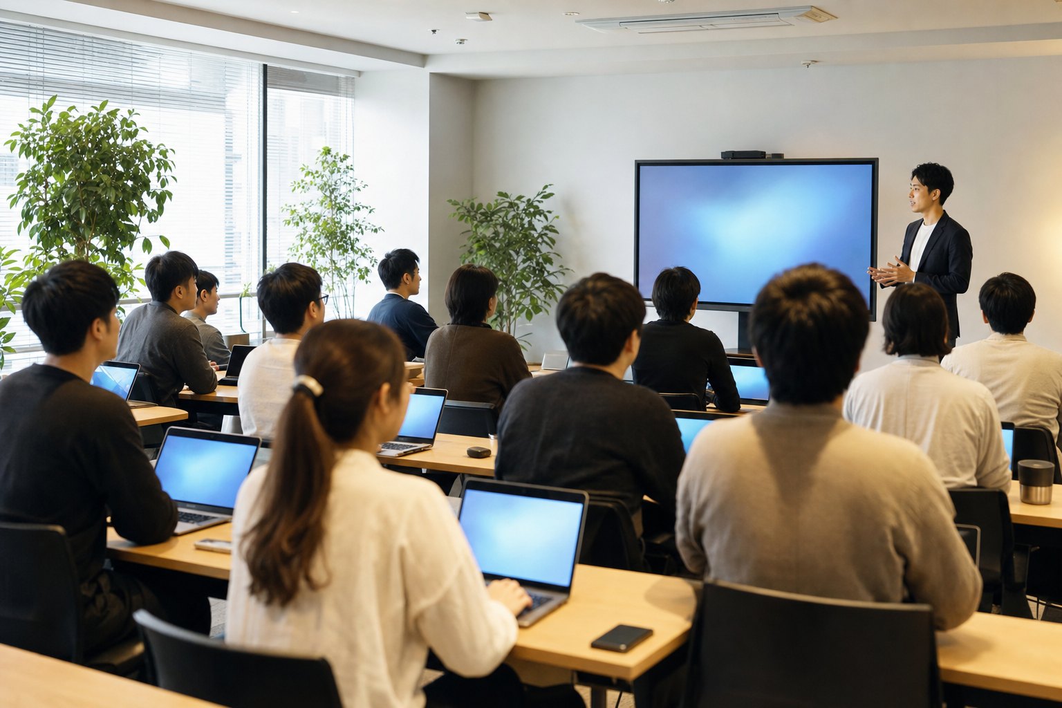 研修室で受講者がノートPCを開き、前方のスクリーンに講師が立っている