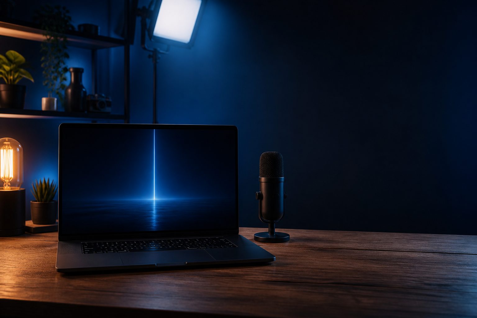 解説動画のカバー。スタジオの机の上のノートPCに、青い光のゲートが映っている